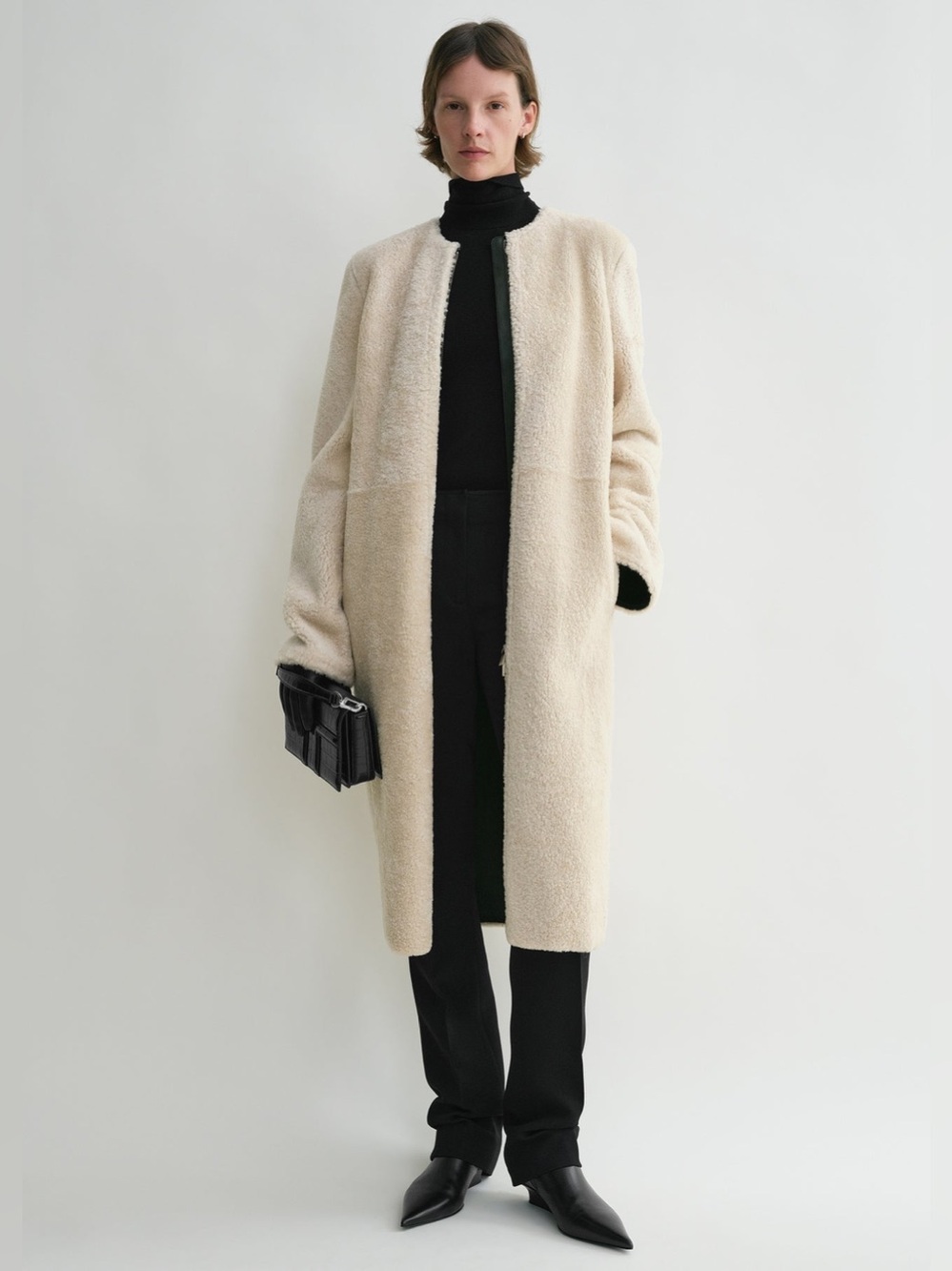 NWT Toteme Zipped Teddy Shearling Lamb Leather Long Jacket Coat Cream